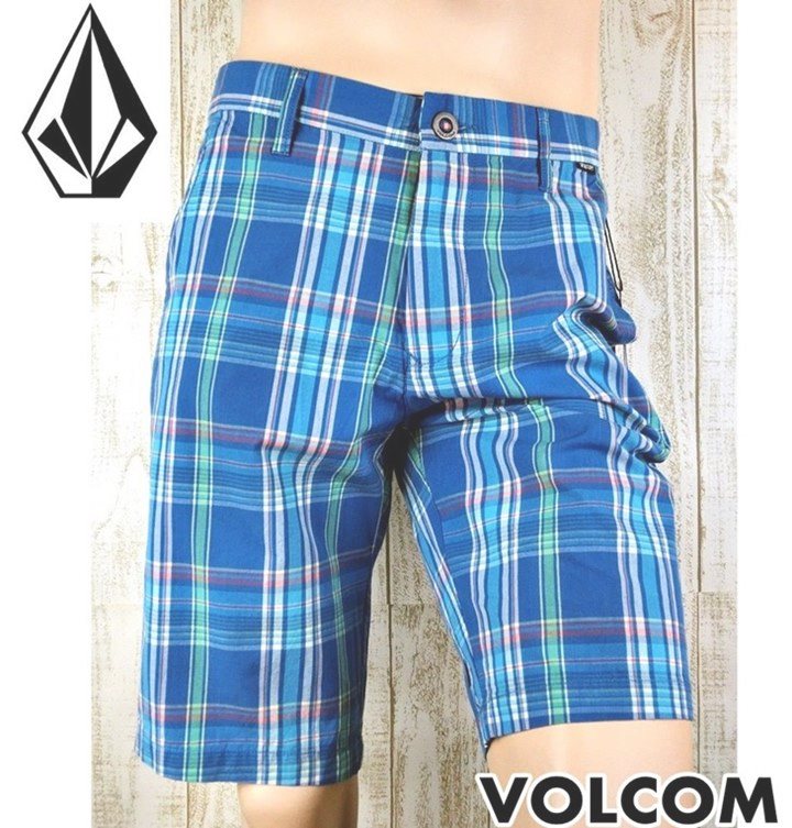 VOLCOM/短パン チェック柄ブルー ハワイ仕入れの逸品 半ズボン・超おすすめ 【32インチ・34インチ・36インチ限定】人気のボルコム【父..