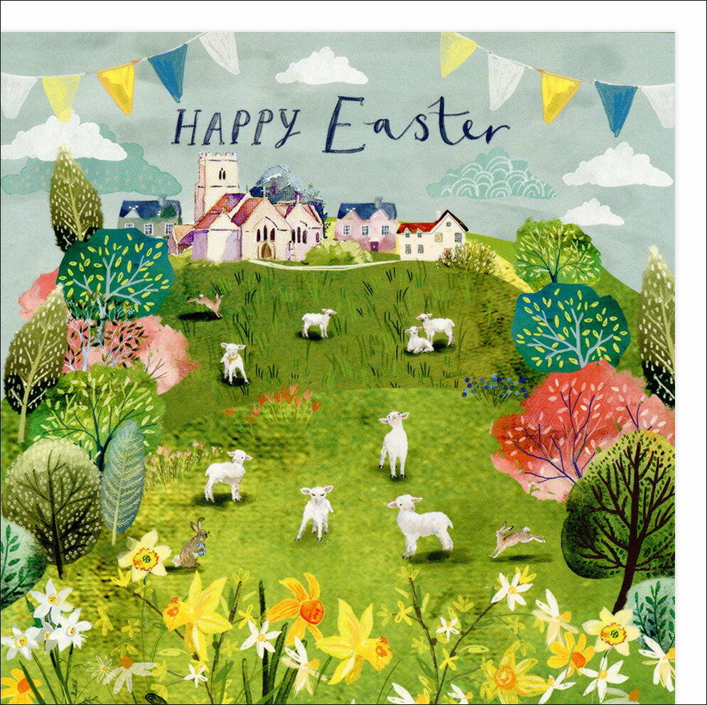 グリーティングカード イースター「草原のヤギと教会」 封筒127×127mm メッセージカード イラスト かわいい...