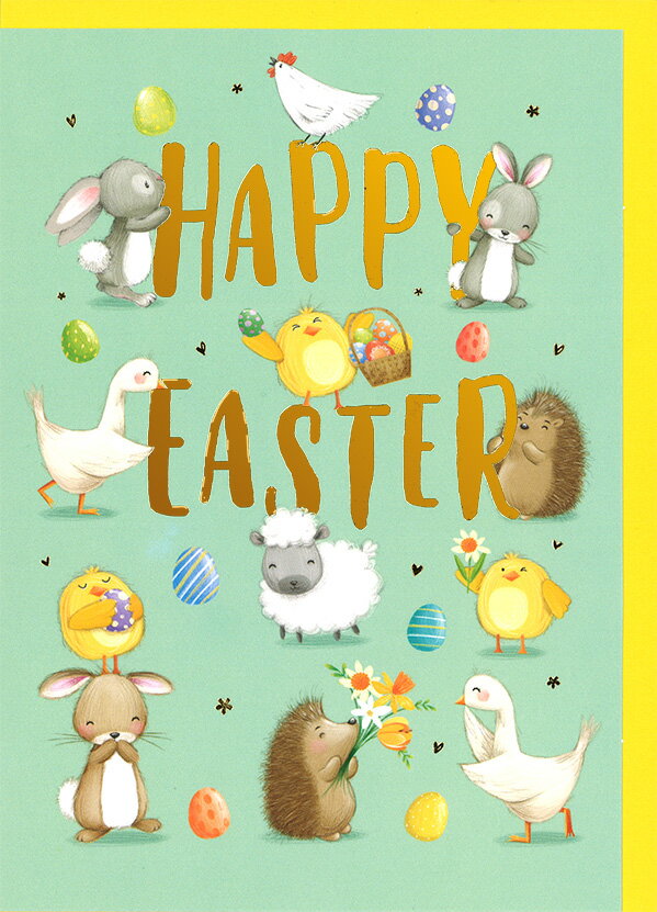 グリーティングカード イースター「お祝いする動物たち」 封筒127×176mm メッセージカード イラスト か..