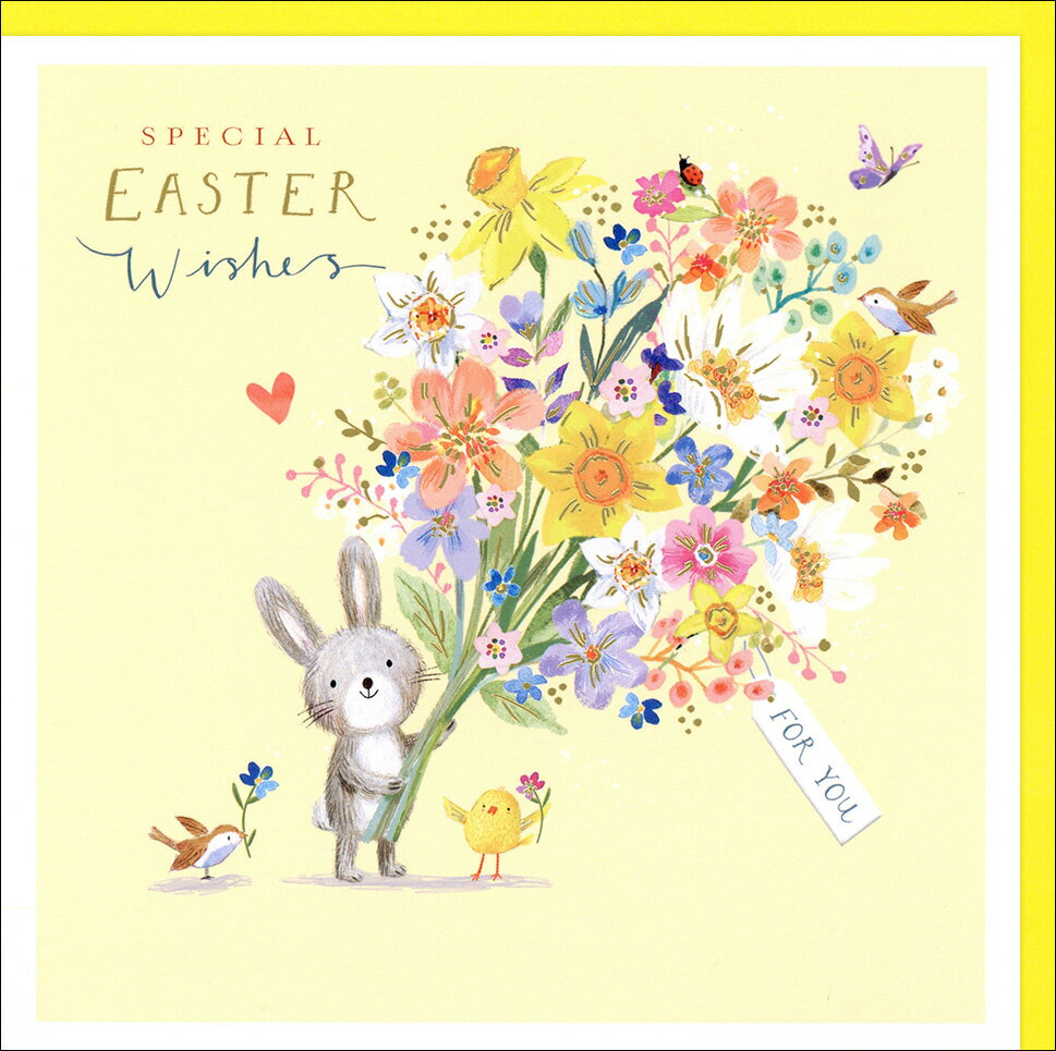 グリーティングカード イースター「花束と動物たち」 封筒165×165mm メッセージカード イラスト かわいい