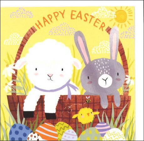 ミニグリーティングカード イースター「バスケットのうさぎと羊」 封筒116×116mm メッセージカード 動物 イラスト かわいい(SNE0086)