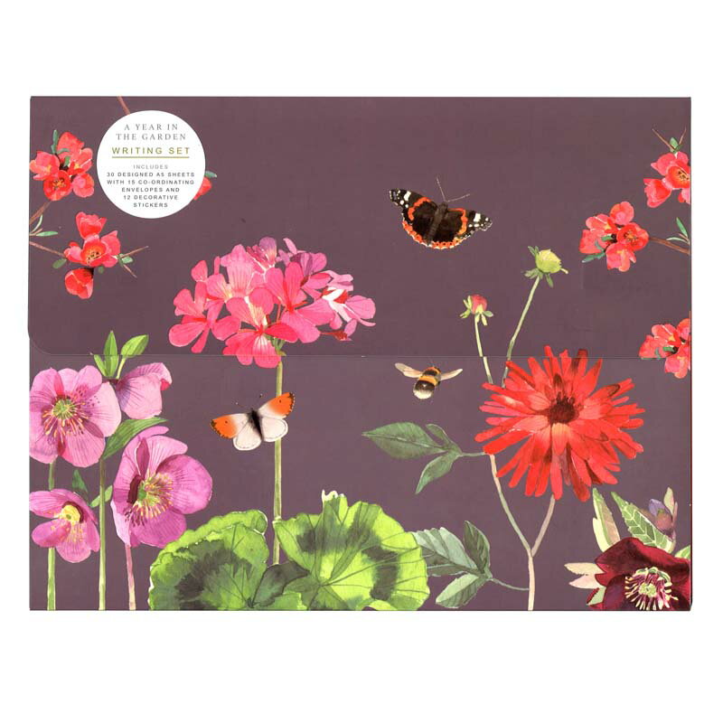 レターセット付レターホルダー 蝶柄 花柄 ギフトステーショナリー赤 レッド 贈り物 文房具 英国 誕生日 新生活 母の日(GDNWRTST)