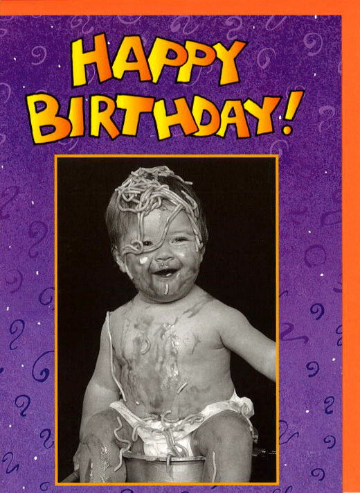 グリーティングカード 誕生日 バースデー「スパゲティベイビー」封筒184×133mm モノクロ写真 子供 メッセージカード 輸入雑貨(PHF602)