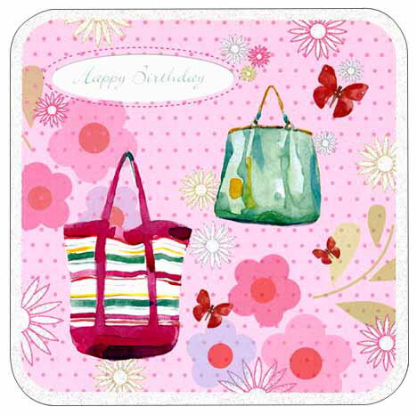 グリーティングカード【誕生日/バースデー】「花とバッグと蝶」【封筒/165×165mm】【封筒の色/白】【中..