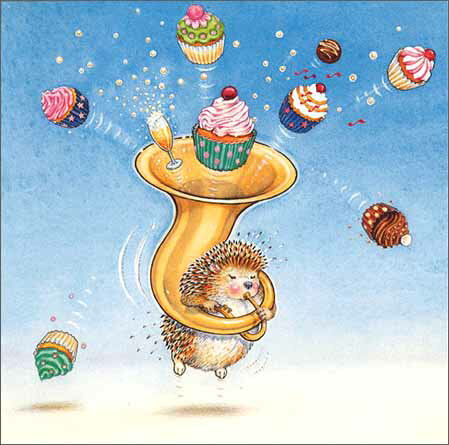 グリーティングカード 多目的 ピーター・クロスシリーズ「スーザフォンを吹くハリネズミとスイーツ」封筒163×163mm 動物 メッセージカード ギフト デボズ加工 (PCII0086)のサムネイル