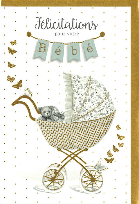 グリーティングカード【出産祝い・誕生日】「乳母車」【封筒付き/金】【封筒サイズ/120×180 mm】【箔押し加工あり】メッセージカード ギフト(9946300...