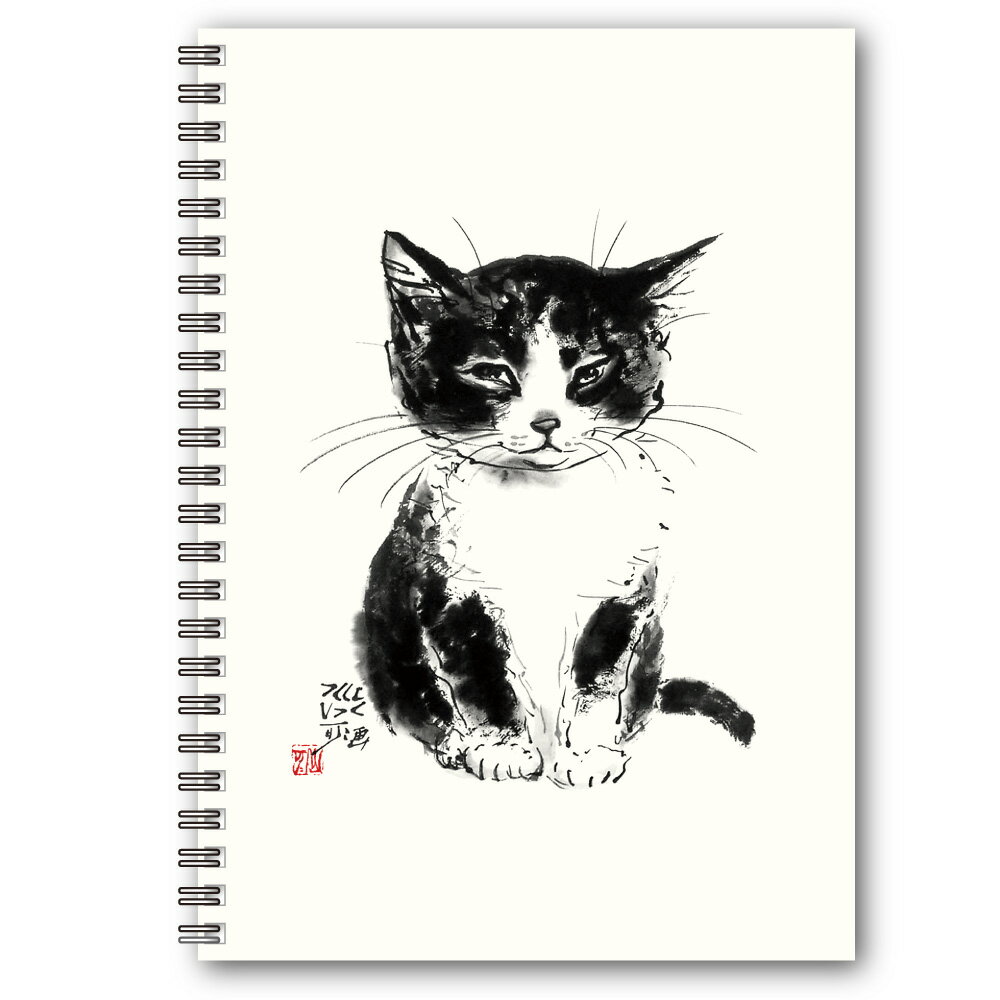 A5リングノート 中浜稔「ちんまりお座り」 用紙の柄：ドット 猫墨絵作家 アート ほっこりシリーズ かわ..