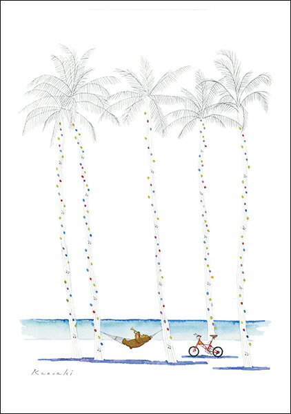 ポストカード イラスト 山田和明「夏の昼下がり」105×150mm クマ 動物 絵本作家 楽器 音楽 水彩画 郵便はがき(YKY-062)