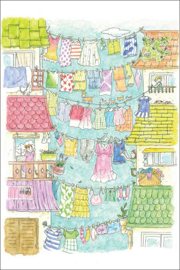 Rakuten - ポストカード イラスト かわいみな「洗濯物でつながる家」100×150mm 郵便はがき メッセージカード イラストレーター かわいい(MK-021)