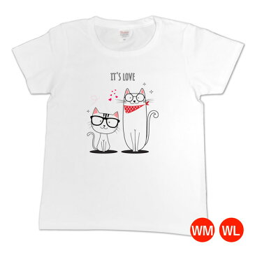 【レディース半袖Tシャツ】猫シリーズ「メガネをかけた2匹の猫_IT'S LOVE」【WM/WLサイズ】(YOT-003)(夏服/女性向け/猫/ネコ/生活雑貨/グッズかわいい/おしゃれ/動物/日用品)