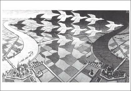 ポストカード アート エッシャー「昼と夜」105×150mm 名画 メッセージカード 郵便はがき コレクション(BK3128)