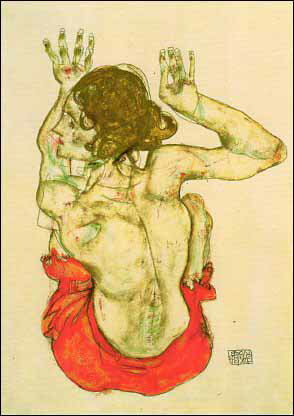 ポストカード アート シーレ「赤いスカートをはいて座っているヌードの女性の後ろ姿」105×148mm 名画 ..