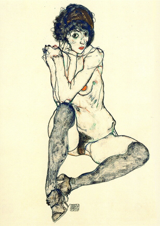 Rakuten - ポストカード アート シーレ「右膝に肘を置いて座るヌードの女性」105×148mm 名画 メッセージカード 郵便はがき コレクション(VD8514)