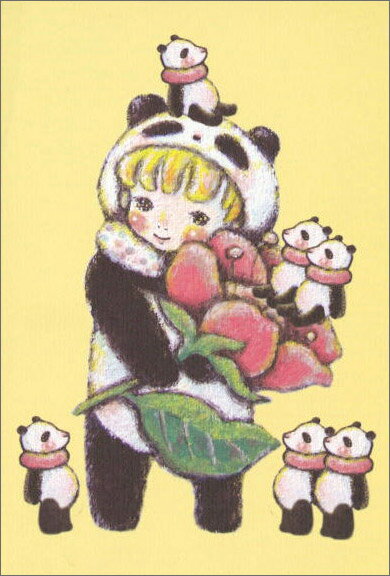 楽天ユージニア　楽天市場店ポストカード イラスト trunk：chiyo「花となかよしパンダさんと子パンダさん」100×148mm メッセージカード 郵便はがき（C_017）