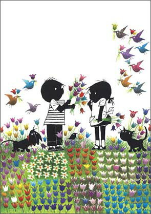 ポストカード イラスト 絵本 フィープ・ヴェステンドルプ「イップとヤネケとたくさんの花・こども・猫・犬・鳥」105×150mm(BK4241)