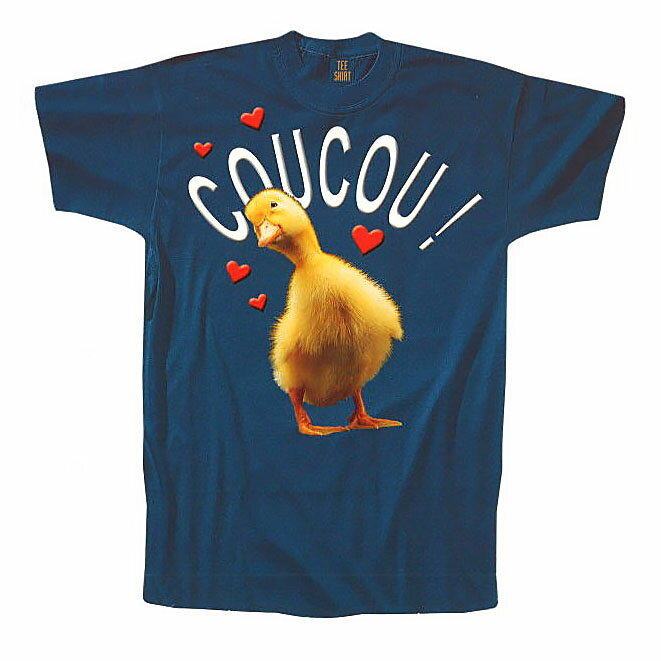 Tシャツ型ダイカットポストカード カラー写真「COUCOU！」150×150mm サマーカード ネイビー 鶏の鳴き声 メッセージカード 夏物 暑中見舞い(T-611)