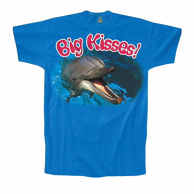 Tシャツ型ダイカットポストカード カラー写真「BIG KISSES！」150×150mm サマーカード ブルー イルカ 海 メッセージカード 夏物 暑中見舞い(T-619)