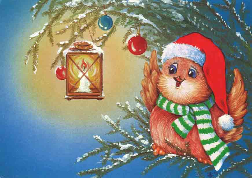 ポストカード クリスマス「小鳥とロウソク」105×150mm イラスト 郵便はがき メッセージカード(JA12)