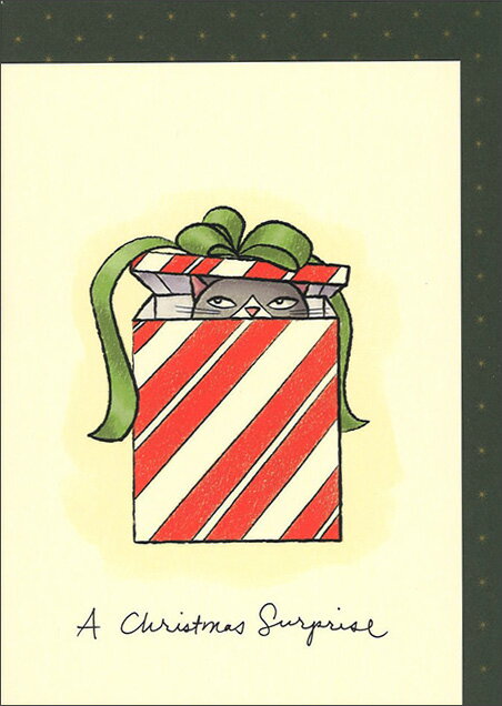 グリーティングカード【クリスマス】「クリスマスのサプライズ」【封筒付き/定形/緑/星柄】猫/動物/プレゼント/手紙/メール/レター/封筒/郵便/アート/イラスト/水彩画/デザイン/緑/イギリス/画家/贈り物/輸入雑貨【FSC認証】（XG1）