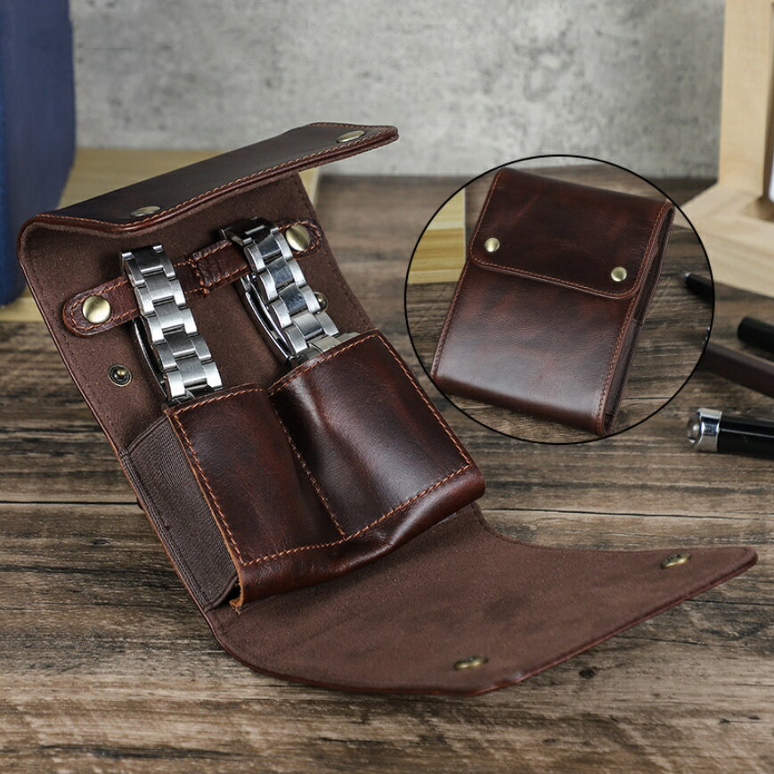 腕時計ケース 腕時計ポーチ レザー 本革 フルグレインレザー 頭層牛革 手作り 2 本収納 トラベル 携帯用 旅行 出張 コンパクト ペア カップル ビジネス 高級腕時計 保護 傷防止 プレゼント 腕時計収納ケース
