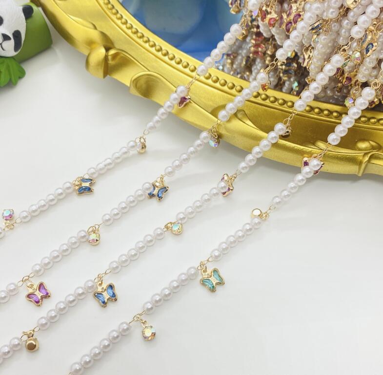 裕華商店の【送料無料】DIY アクセサリーチェーン オーロラ蝶パールチェーン AB カラー蝶チェーン 古风タッセルチェーン 衣装副資材 ハンドメイド素材 手芸資材 髪飾りパーツ ネックレス素材 ピアスパーツ ロリータ装飾 模造パールチェーン 蝶飾りチェーン 手作りアクセサリー部品｜アングル3