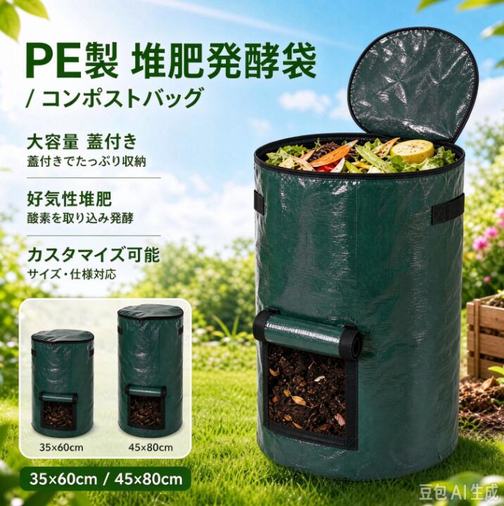 商品詳細 商品内容 堆肥袋 商品特徴 堆肥袋 仕様 付属品：無し 素材:PE 生産国：中国 サイズ サイズ（cm）： 写真の通り ●形、色、質感が、商品ページ上と実物で異なって見える場合がございます。予めご了承くださいませ。 商品について： ※製造中（縫製、染色など）により商品において色味や柄、サイズに若干の誤差や、生地を織る際に糸の継ぎ目や多少のほつれ等が生じる場合がございますが、品質上の問題ではございませんのでご了承の上お買い求めくださいませ。 ※手作り商品でございますから、画像と若干異なる場合も御座います。 ※モデルに使用している小物、アクセサリ等はセット内容に含まれません。 ※発送上の状態によって商品がシワになる場合がございます。予めご了承くださいませ。 発送について： ※即納商品以外で、メーカーから取り寄せを致しますので、7日間前後お時間を頂いております。 ※在庫確認、配送状況、休日を間にする事により、予定より遅くなる可能性がございます。 ※当店ではラッピングのサービスを行っておりません、ご了承くださいませ。 メールについて： ※メール返信とご注文対応は、平日10：00〜18：00頃に対応しております。 ※携帯メールでの登録は迷惑メールによりメールが届かない場合がございます。 返品について： ※返品ご希望の際は商品到着から7日以内に必ず当店までご連絡をお願いいたします。 ※ご連絡がない場合の返品はご遠慮ください。 ※ご連絡を頂けましたらスムーズに対応できますので、ご協力いただけますようお願い申し上げます。送料について※★複数在庫、追加可、何点でも同梱配送は可能です。北海道・沖縄・離島への配送は商品によって異なる別途送料がかかります。