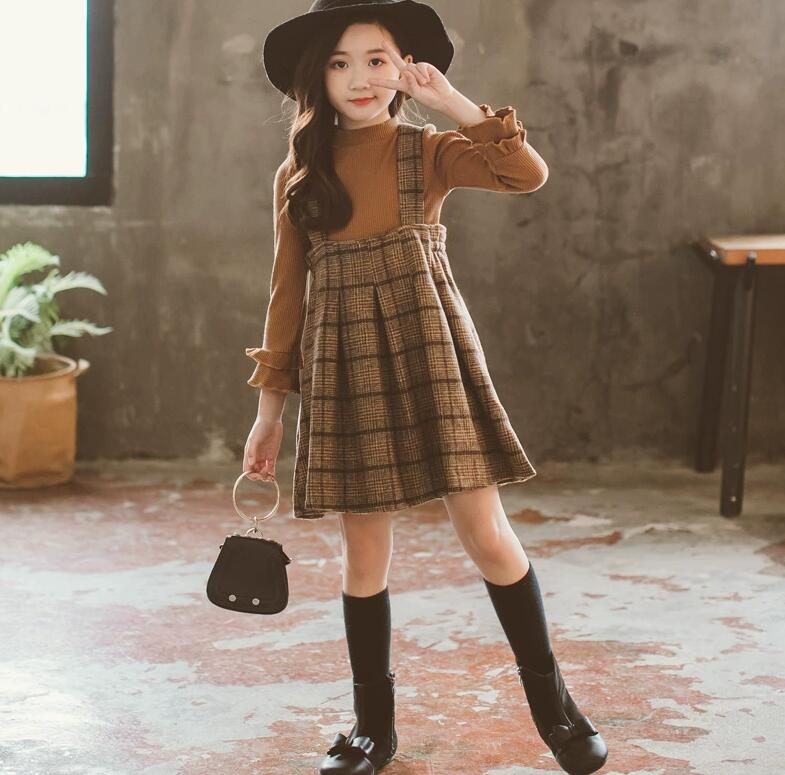 ワンピース スーツ 女の子 シンプル フォーマル 入園式 入学式 卒園式 卒業式 サロペット 子供 茶色 チェック スカートきれいめ チュニック 長袖 子ども ...