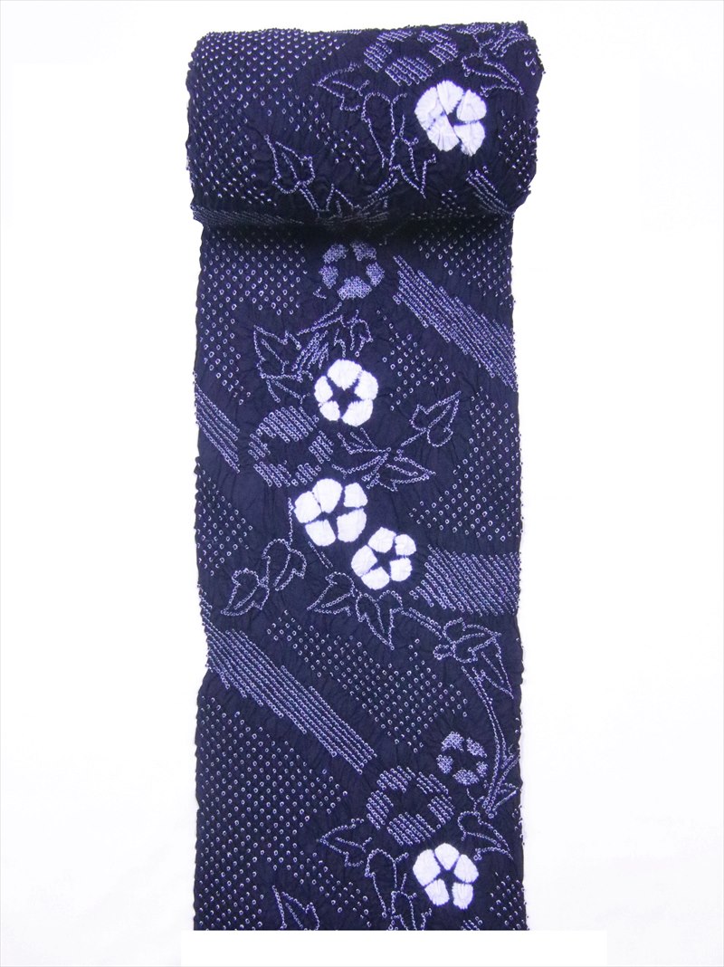 絞りゆかた反物・No.996 濃紺地・アサガオ柄