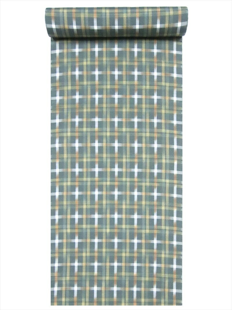 反物 正絹 紬　No.15 グリーン地・格子柄・訳有り