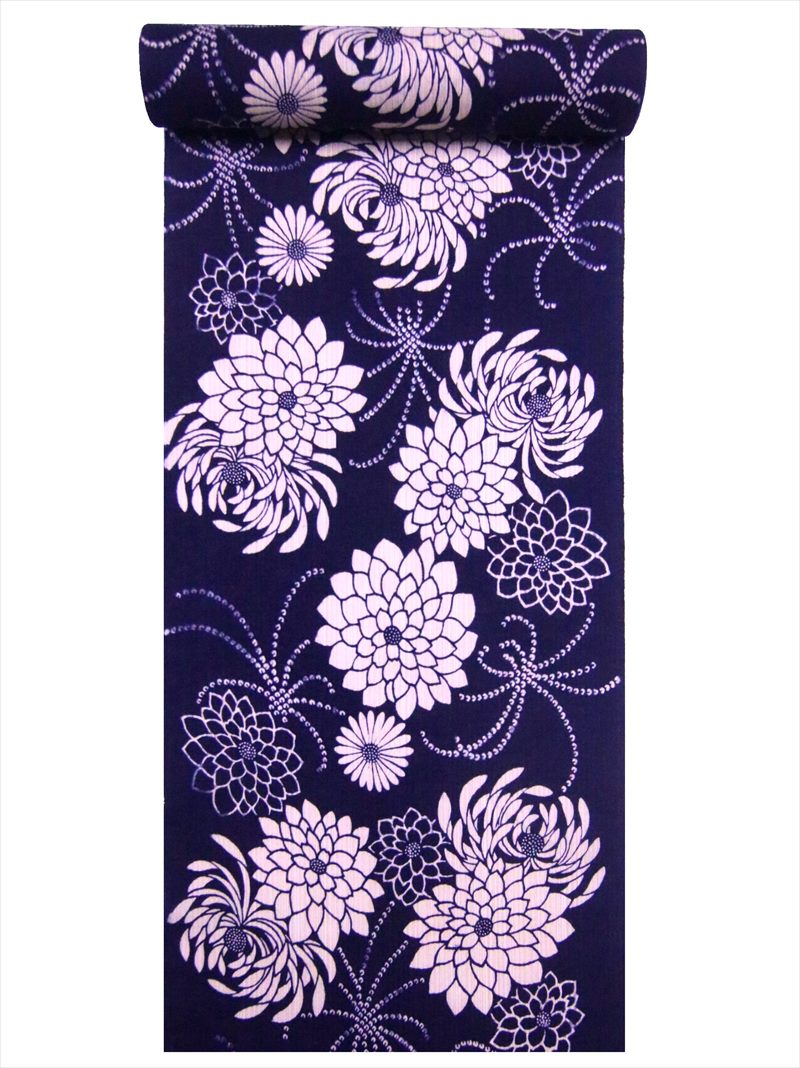 浴衣反物綿紬No.44菊柄・濃紺地