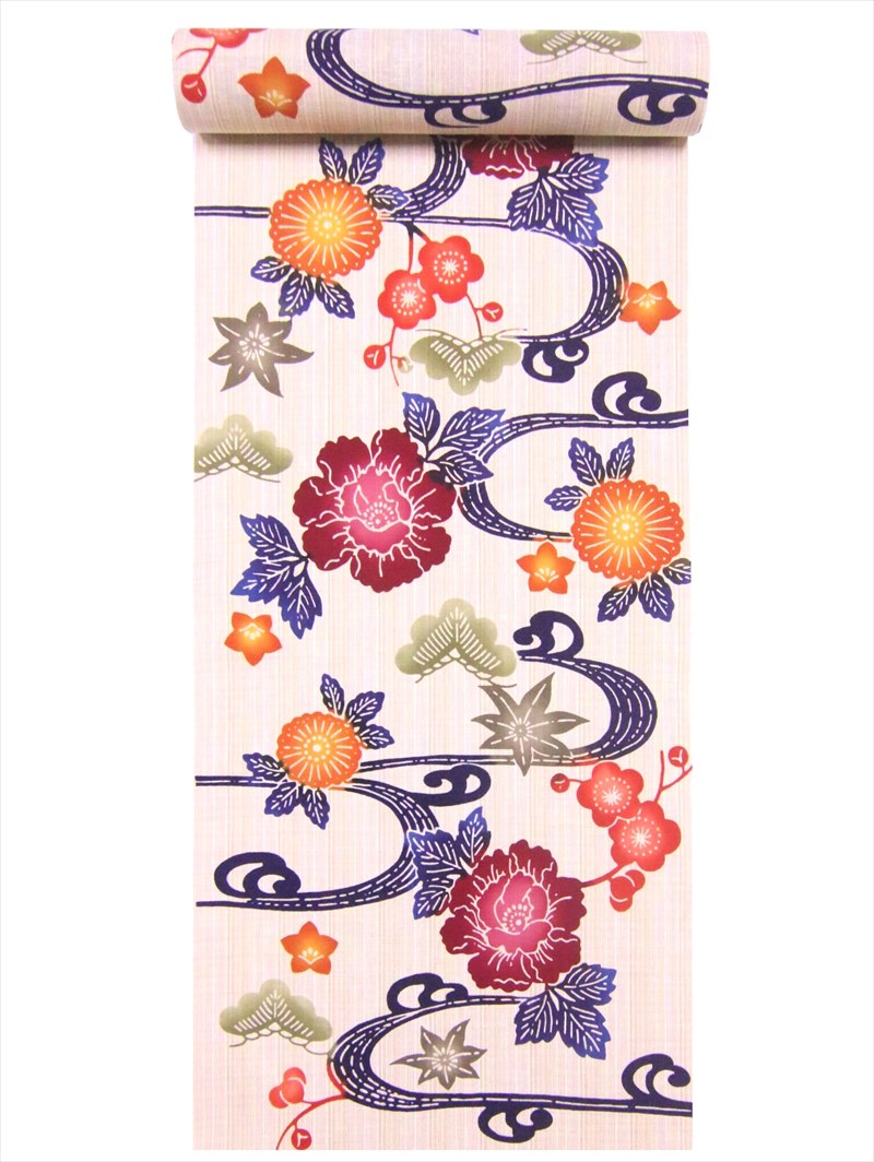 浴衣 反物 耳有り 牡丹・菊柄・ベージュ地・No.43