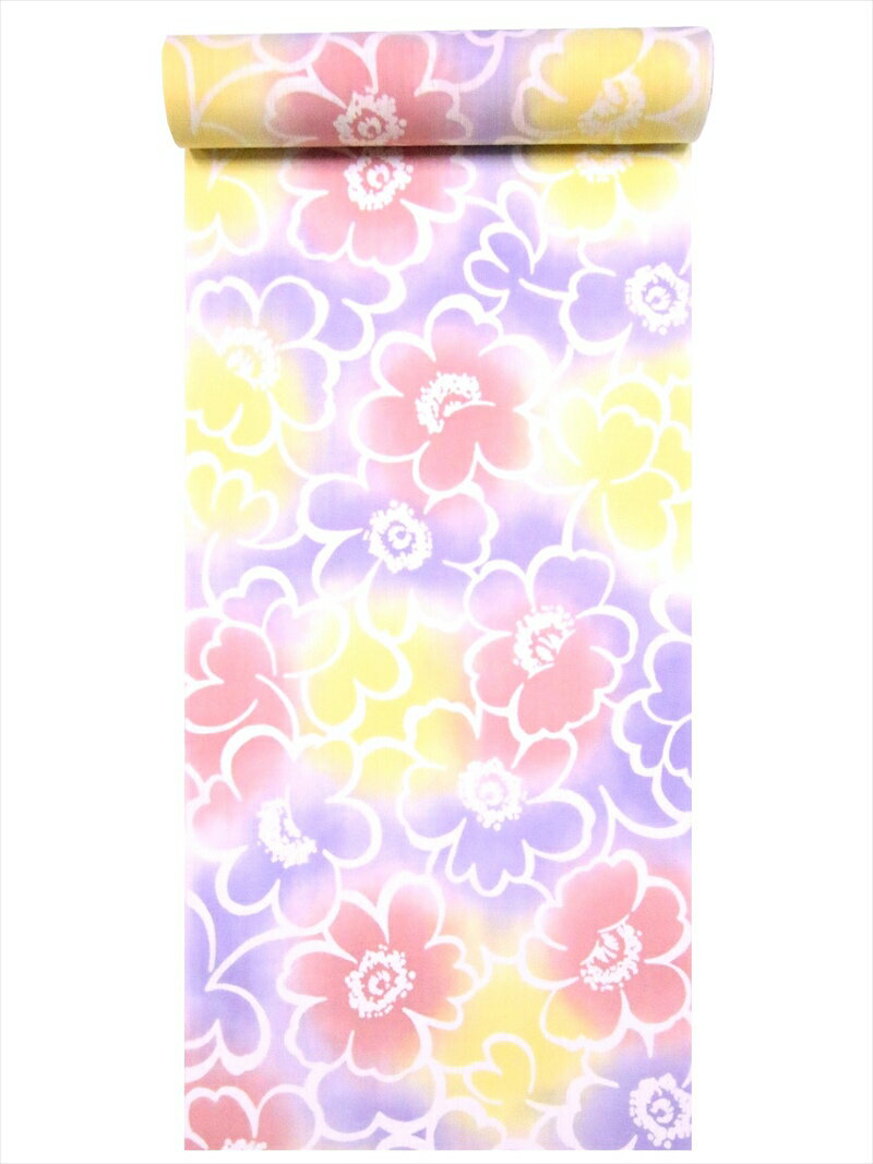 ゆかた 反物 耳有り ツバキ柄・パステル地・No.192