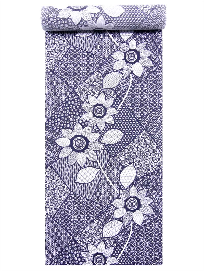 浴衣反物 レディース 耳あり 白紺地・ヒマワリ柄・No.422