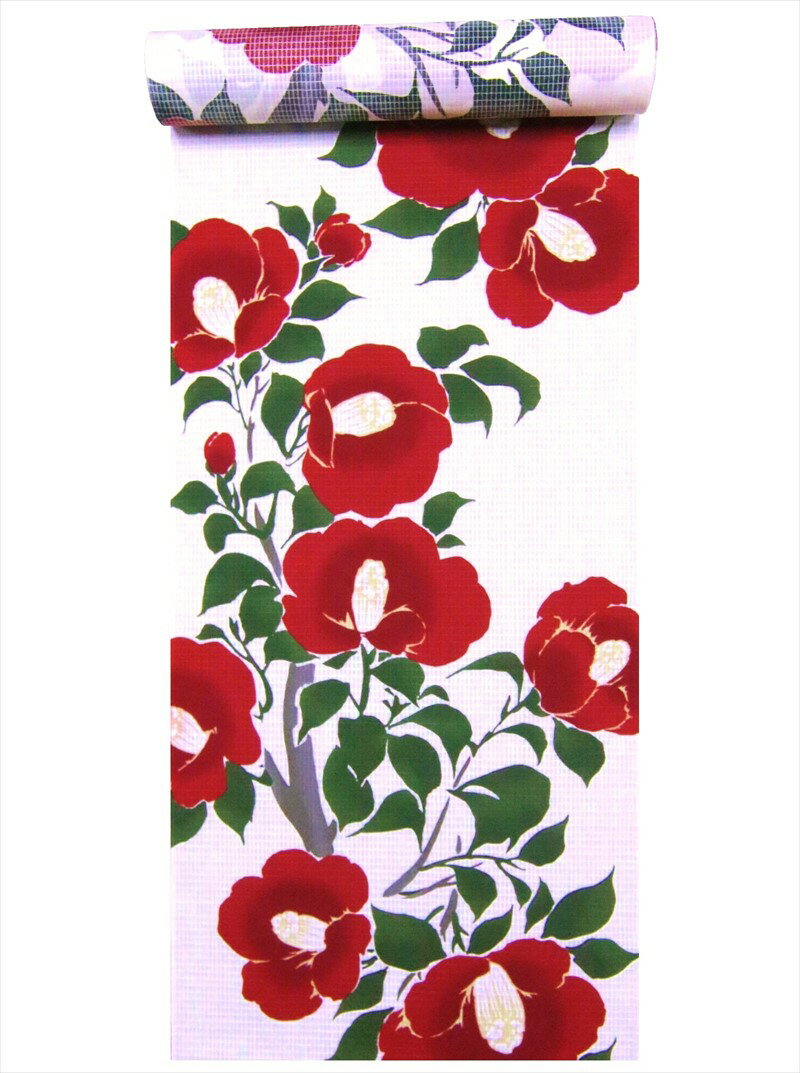 浴衣 反物 No.369 ツバキ柄・うすクリーム地