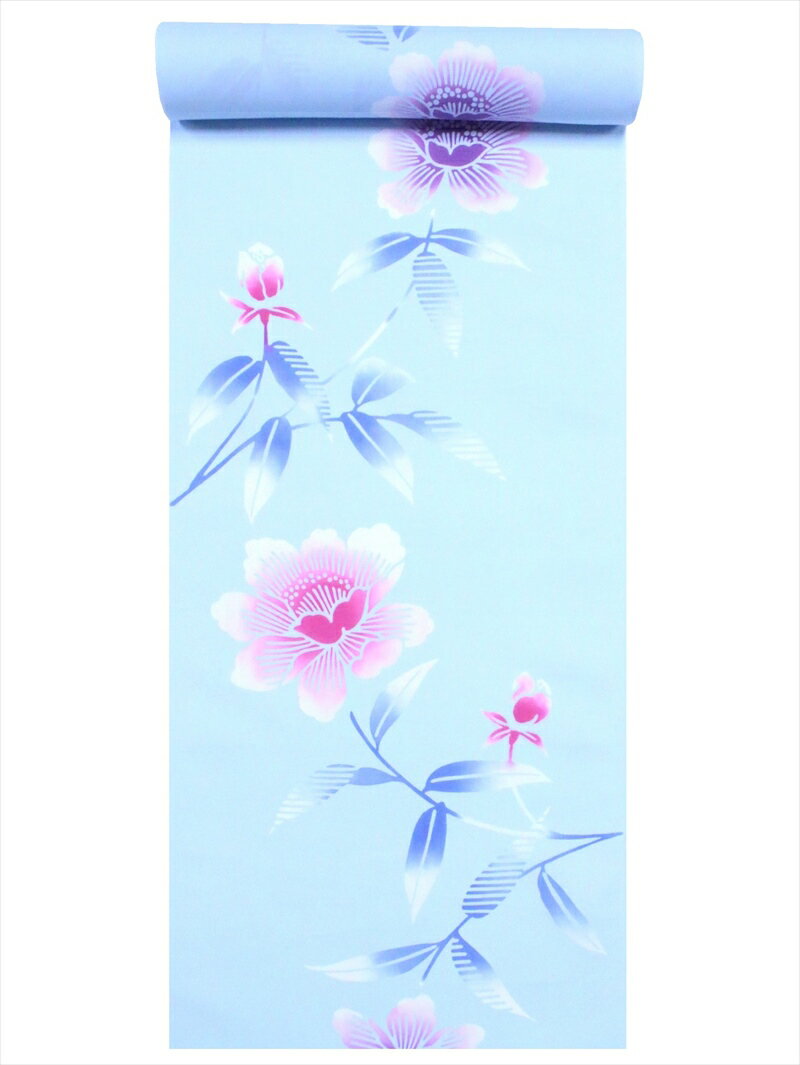 種類 浴衣 反物　No.244　ツツジ柄・水色地 生地・素材 綿100％・平織り・耳あり 染め 注染(手染め・両面染め)・浜松産 サイズ 長さ12m・巾38cm 特徴 静岡県指定郷土工芸品浜松手染め浴衣反物ゆかた・洋装・各種シャツ・のれん・インテリア・各種カバー・袋物・民芸品等の手芸の材料にご利用ください。 注染の浴衣はにじみを利用した独特の染色でありますので、多少の染めムラはご容赦ください。 注