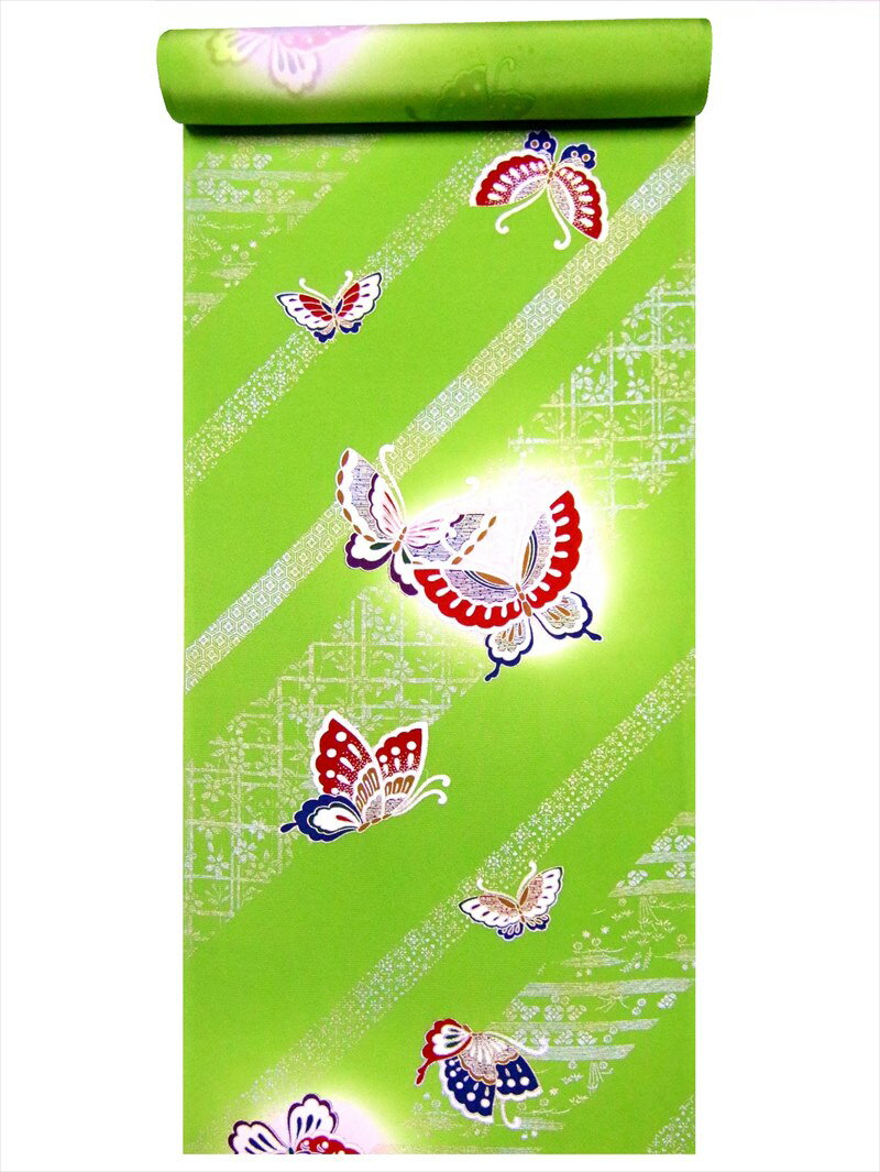 子供 着物 反物　kk-48チョウ柄・黄緑地(8m)