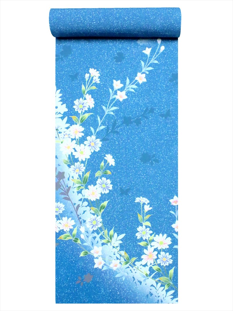 ポリエステル 付下げ 反物 コスモス柄・ブルー地・ts-52【訳有り】