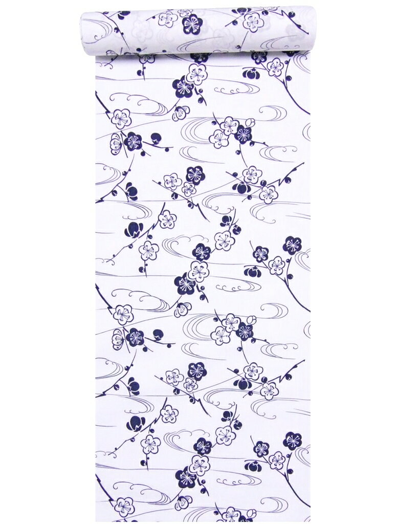 種類 浴衣 生地　No.267 白地・ウメ柄 生地・素材綿100％・平織り・耳あり 染め 捺染(片面染め)・日本製 サイズ 長さ12m・巾38cm 特徴 和裁の練習用・浴衣・洋装・各種シャツ・レディース甚平・のれん・インテリア・各種カバー・...