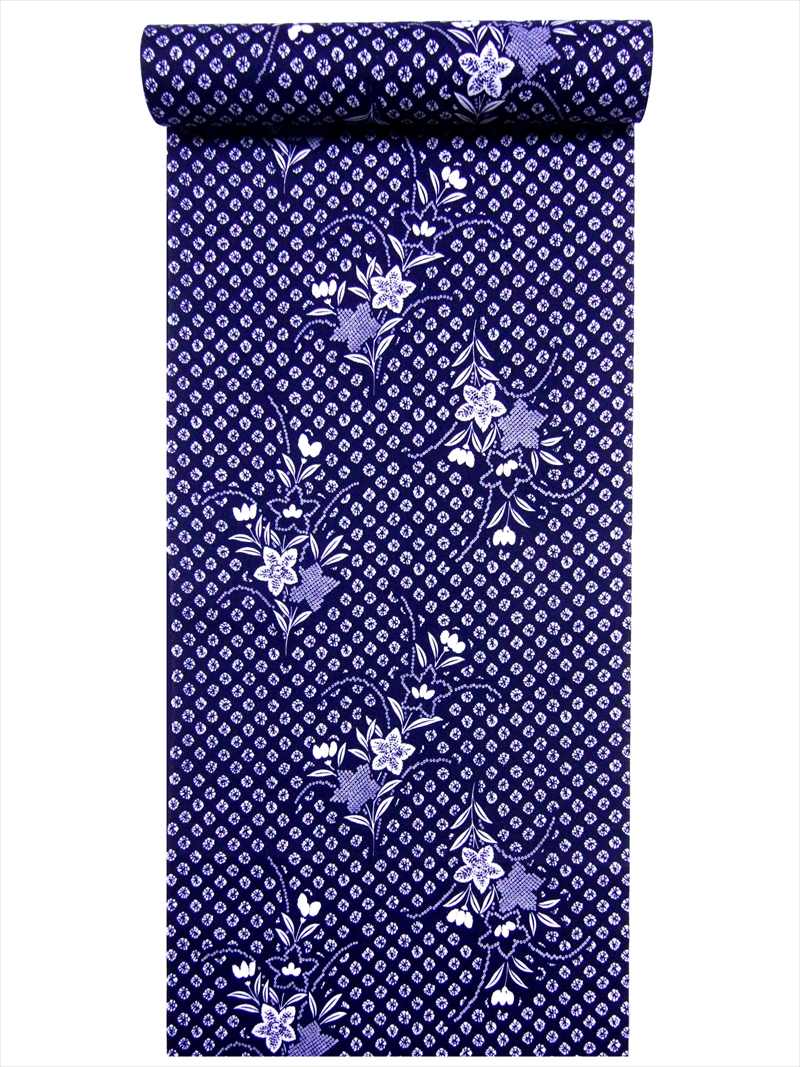 浴衣 反物 耳あり 濃紺地・キキョウ柄・No.411