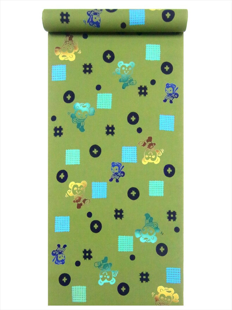 【訳あり】子供ゆかた反物(5.7m) 草色地・野球柄・No.798