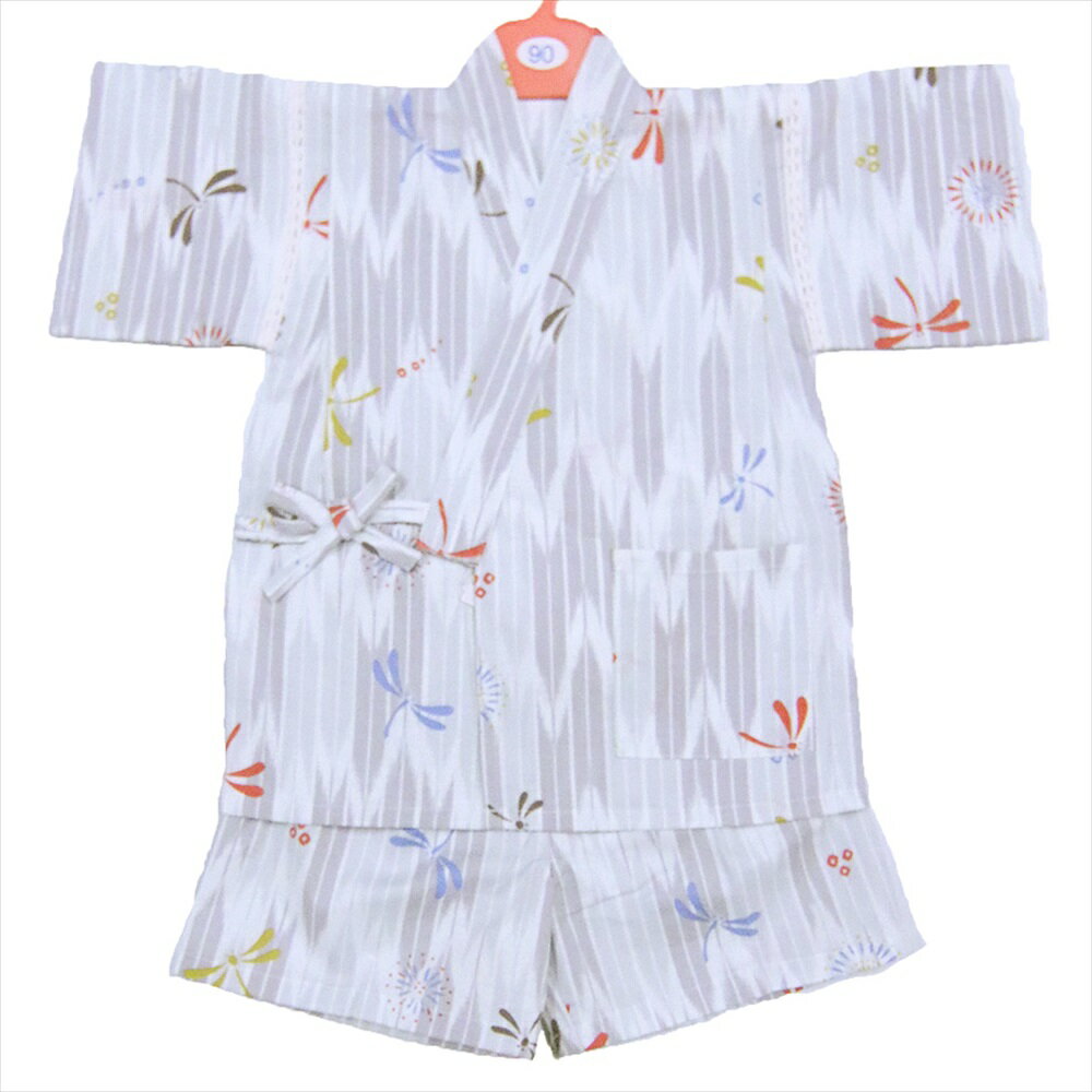 こども甚平 90cm灰色矢絣 とんぼ 花火 白地 kjb-17