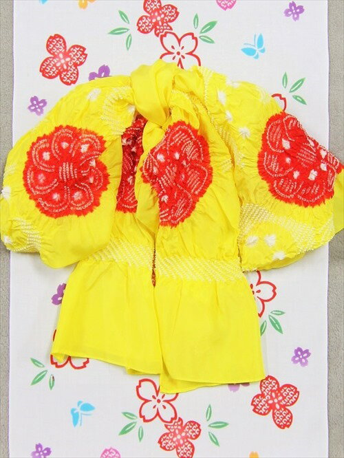 子供帯 3.5m 女児 浴衣帯 No.14レモンイエロー地・赤絞り