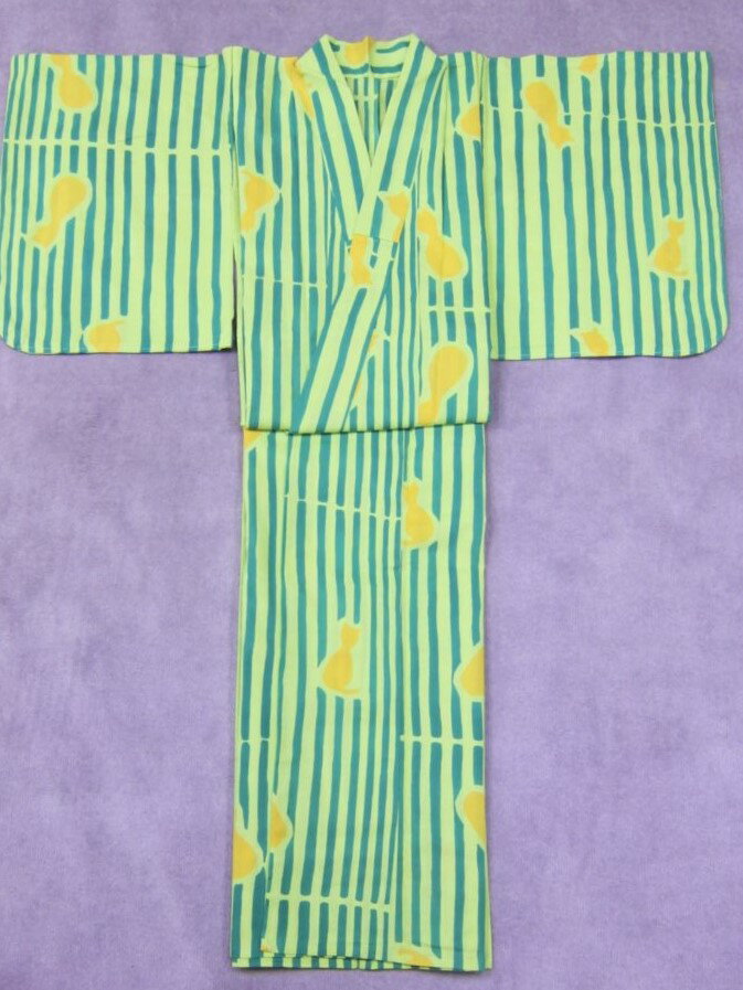 ゆかた　sy-113 黄緑地・猫縞柄