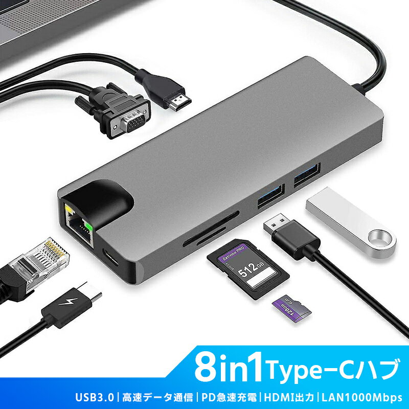 10%OFF 3680→3312円★USBハブ ミニハブ 8in1 8ポート USBポートを増設 usb-c type-c 合金製 放熱性 電源不要 互換性 h...