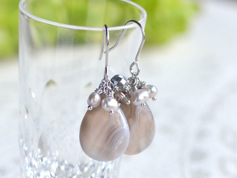 イヤリング ピアス ボツワナアゲイト 淡水 パール 真珠 フリンジ 天然石 ユキコ オオクラ ブランド レ..