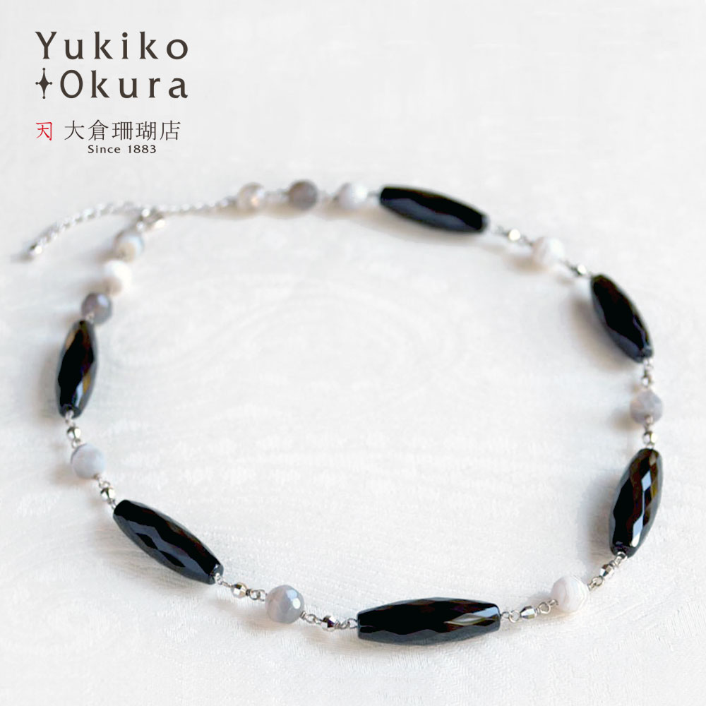 ネックレス オニキス アゲイト ショート 50cm ボリューム 大ぶり モノトーン ミラーボールパーツ 天然..