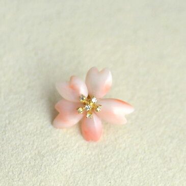 18金 K18 ( つや消し ) ピンク 珊瑚 サンゴ さんご ダイヤ 入り ピンブローチ