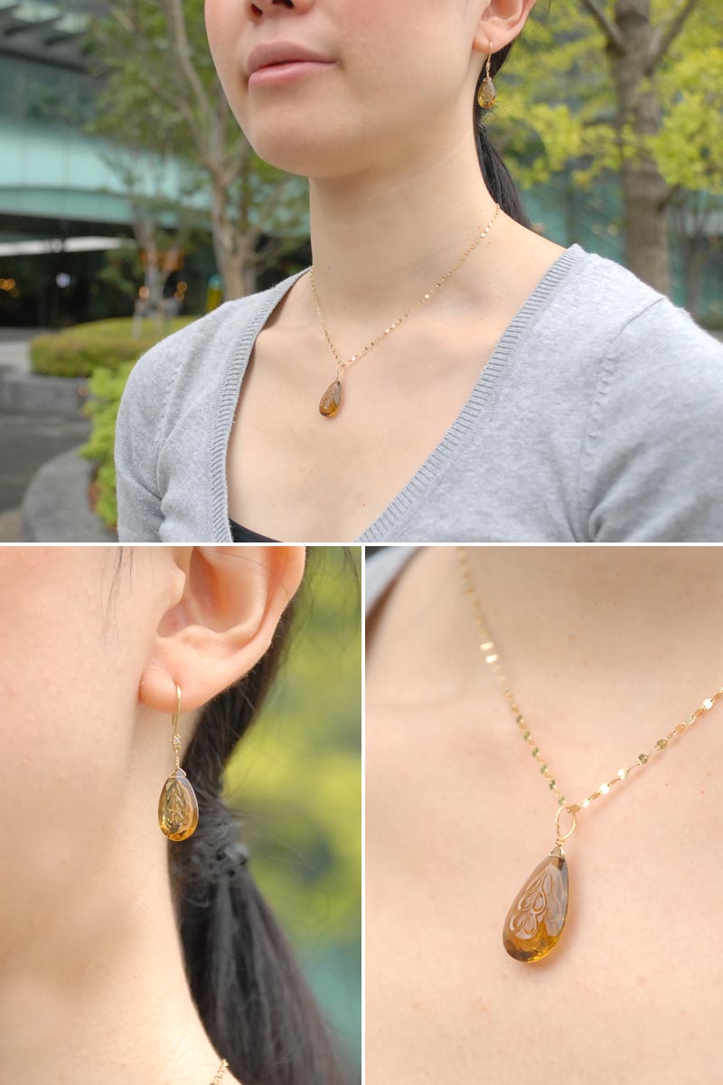 18金 K18 カービングブランデー クォーツ ピアス & チャーム セット