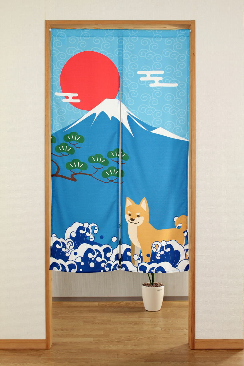 のれん しばいぬと富士85×150cm 柴犬　犬　富士山　和風　和柄　ブルーnaru-14641