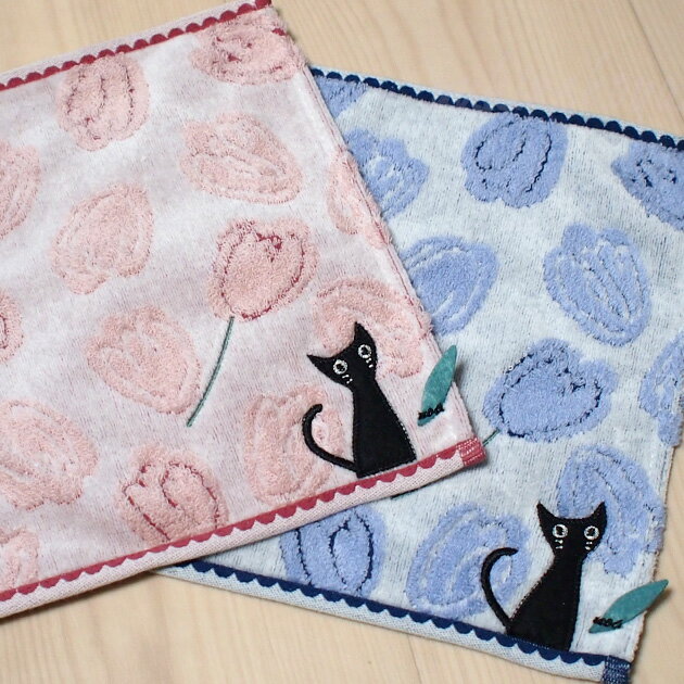 在庫限り 猫柄 タオルハンカチ 黒猫 ＆フラワー ジャガードタオルハンカチ タオル ハンカチ ハンドタオル ミニハンカチ ミニタオル ウォッシュタオル ギフト かわいい 猫雑貨 猫グッズ ネコグッズ ネコ 雑貨 ねこ柄 キャット ノアファミリーのサムネイル